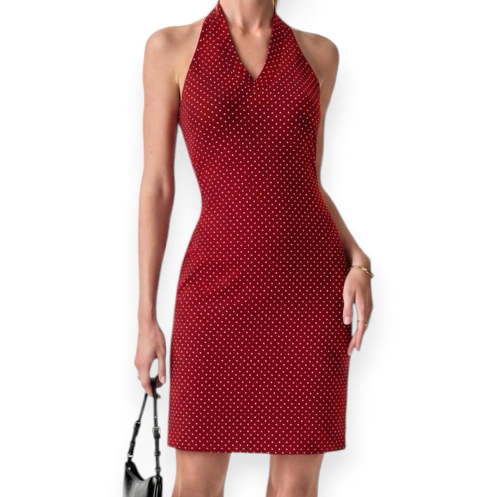 NWT OGL Soft Stretch Cotton Halter Neck Polka Dot Mini Bra Dress Medium Brown - Picture 6 of 6